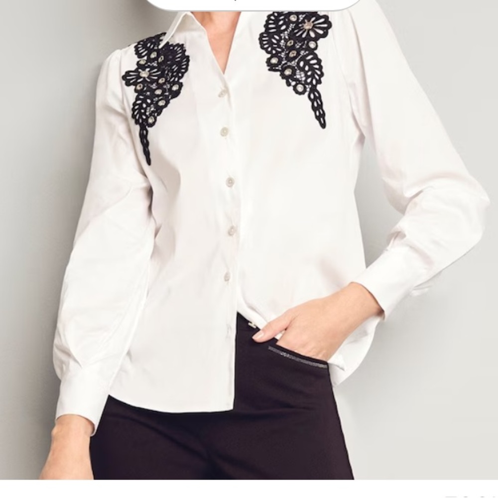 :: CHICO’S Poplin Black Lace on White Appliqué Blouse Dressy Shirt SOLD … - Picture 10 of 14